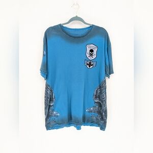 Vintage Affliction Y2K Graphic Tee Men’s XL Blue Skull Cross Biker T-Shirt